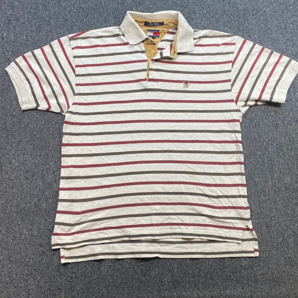 Tommy Hilfiger Polo Shirt Sz L Mens Cream Striped Preppy 90s Skater Crest Logo